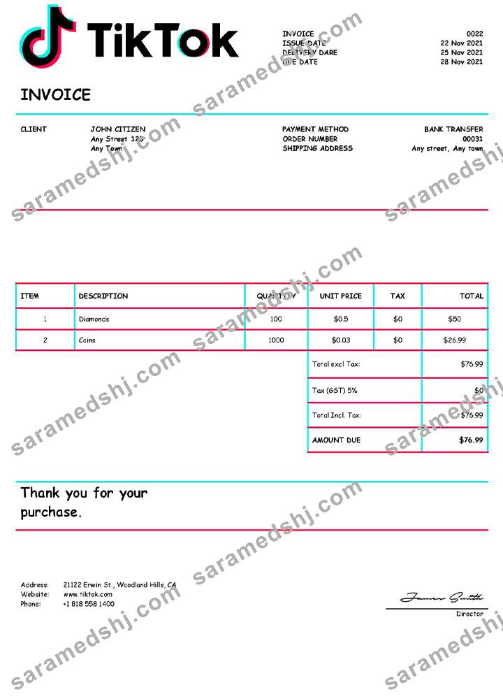 USA Tik Tok invoice
